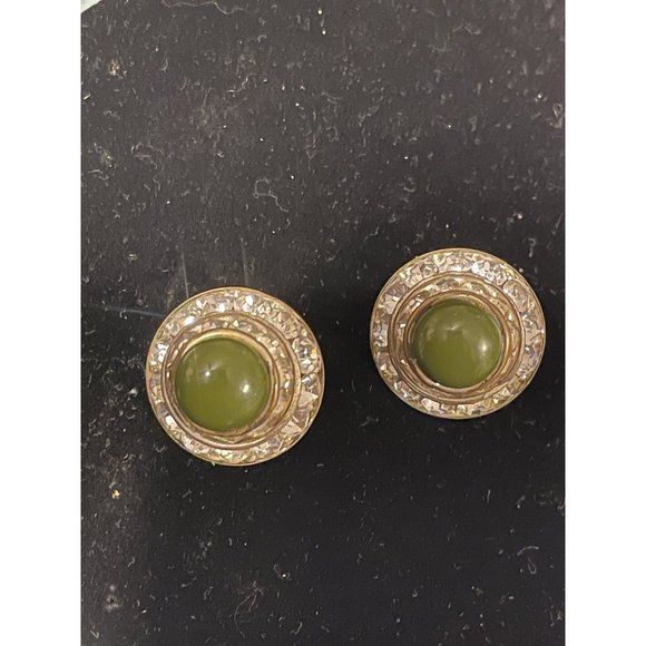 Vintage Jadeite And Rhinestones Circular Clip Earrings - Picture 3 of 6